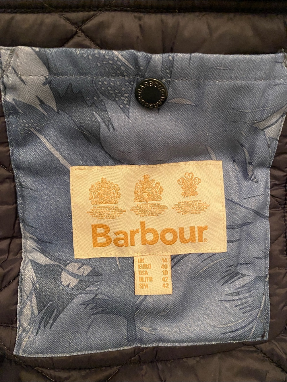 Barbour Quilted Navy Coat with Corduroy Collar • Size 10 - Picture 7 of 16